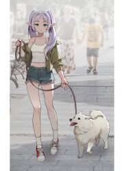 Rule 34 | 1girl, absurdres, brown jacket, camisole, day, denim, denim shorts, dog, elf, frieren, full body, green eyes, grey hair, highres, holding, holding leash, jacket, leash, multiple others, outdoors, pointy ears, popo 89r, shorts, sousou no frieren, twintails, white camisole