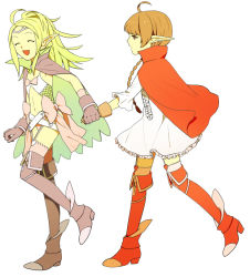Rule 34 | 2girls, ^ ^, bad id, bad pixiv id, blonde hair, boots, bow, braid, brown hair, cape, closed eyes, dress, closed eyes, fire emblem, fire emblem awakening, gloves, holding hands, mother and daughter, multiple girls, nah (fire emblem), nintendo, nowi (fire emblem), open mouth, ouse (otussger), pointy ears, smile, walking