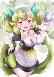 Rule 34 | 1girl, :d, absurdres, apron, blonde hair, breasts, cleavage, dragon girl, dragon horns, dragon tail, dragonmaid (yu-gi-oh!), duel monster, green hair, hand on own hip, highres, horns, large breasts, looking at viewer, maid, maid apron, maid headdress, open mouth, parlor dragonmaid, smile, tail, teapot, tomaton, tray, yu-gi-oh!