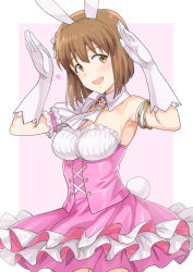 Rule 34 | 1girl, :d, animal ears, arm garter, armlet, arms up, ascot, blush, bob cut, border, breasts, brown eyes, brown hair, buttons, collarbone, commentary request, cross-laced clothes, detached collar, detached sleeves, dress, elbow gloves, fake animal ears, fake tail, frilled dress, frills, gloves, hagiwara yukiho, hair ribbon, heart, highres, idolmaster, idolmaster (classic), looking at viewer, medium breasts, open mouth, outside border, pink background, pink dress, rabbit ears, rabbit pose, rabbit tail, ribbon, short hair, short sleeves, single bare shoulder, single detached sleeve, smile, solo, standing, strapless, strapless dress, tail, tsurui, white ascot, white border, white gloves, white ribbon