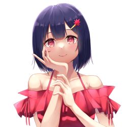 Rule 34 | 1girl, bare arms, bare shoulders, black hair, blush, bob cut, closed mouth, collarbone, dress, frilled dress, frills, hair ornament, hairclip, head rest, highres, lips, looking at viewer, miki miki, off-shoulder dress, off shoulder, original, portrait, red dress, red eyes, short hair, simple background, smile, solo, spaghetti strap, upper body, white background
