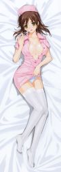Rule 34 | 00s, 1girl, :p, absurdres, breasts, brown hair, cleavage, clothes lift, daimonji emi, dakimakura (medium), dress, dress lift, full body, happoubi jin, hat, highres, lace, lace-trimmed panties, lace trim, large breasts, legs, licking, long image, no bra, nurse, nurse cap, open clothes, open shirt, panties, scan, shirt, solo, syringe, tall image, thighhighs, tongue, tongue out, underwear, white panties, white thighhighs, yellow eyes, zettai ryouiki, zettai shougeki