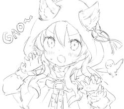 Rule 34 | 1girl, :o, animal, animal ear fluff, animal ears, bird, blush, capelet, center frills, claw pose, commentary request, ears through headwear, fang, frills, gao, greyscale, hair between eyes, hood, hood up, hooded capelet, long hair, long sleeves, looking at viewer, monochrome, open mouth, original, simple background, sketch, solo, sweat, wataame27, white background, wolf-chan (wataame27), wolf ears