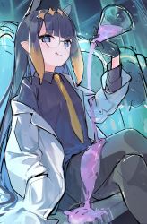 Rule 34 | 1girl, :q, black gloves, black pantyhose, black shorts, coat, crossed legs, diadem, erlenmeyer flask, flask, glasses, gloves, gradient hair, halo, holding, holding flask, hololive, hololive english, lab coat, long hair, long sleeves, looking at viewer, multicolored hair, necktie, ninomae ina&#039;nis, orange necktie, pantyhose, purple shirt, round eyewear, shirt, shorts, sitting, sketch, solo, stasis tank, t6 ti, takodachi (ninomae ina&#039;nis), tentacle hair, tongue, tongue out, virtual youtuber, white coat