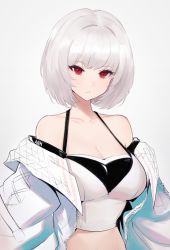 Rule 34 | 1girl, artnohearts, azur lane, bare shoulders, bob cut, breasts, cleavage, closed mouth, collarbone, halterneck, highres, jacket, large breasts, looking at viewer, open clothes, open jacket, red eyes, short hair, simple background, sirius (azur lane), solo, white background, white hair