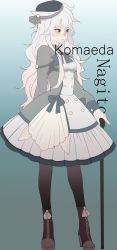 Rule 34 | 1girl, arm behind back, black hat, black pantyhose, boots, brown footwear, buttons, character name, commentary request, cross-laced footwear, danganronpa (series), danganronpa 2: goodbye despair, double-breasted, dress, full body, genderswap, genderswap (mtf), gradient background, green background, grey dress, grey eyes, grey hair, hat, high heel boots, high heels, highres, knee boots, komaeda nagito, lolita fashion, long hair, long sleeves, looking to the side, pantyhose, solo, standing, tuteurfars shin, white dress, white hair