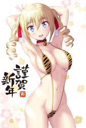 Rule 34 | 1girl, :d, angelina kudou shields, animal print, armpits, arms behind head, bell, blonde hair, blue eyes, breasts, choker, drill hair, drill sidelocks, hair between eyes, hair ribbon, happy new year, highres, large breasts, light blush, looking at viewer, mahouka koukou no rettousei, medium hair, midriff, nanikairu, navel, neck bell, new year, open mouth, red choker, red ribbon, ribbon, shiny skin, sidelocks, slingshot swimsuit, smile, solo, swimsuit, tiger print, twin drills