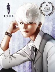 Rule 34 | 1boy, bigbang, character name, collared shirt, daesung, k-pop, male focus, necktie, shirt, sitting, solo, waistcoat, white hair