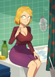 Rule 34 | 1girl, barleyshake, bathtub, breasts, cleavage, feet out of frame, highres, linda stotch, long sleeves, medium breasts, purple skirt, red shirt, shirt, shower curtain, signature, skirt, solo, south park, tile wall, tiles