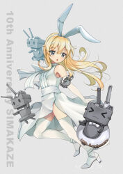 Rule 34 | 1girl, anchor hair ornament, animal ears, anniversary, blonde hair, character name, dress, elbow gloves, fake animal ears, full body, gloves, grey background, grey eyes, hair ornament, hairband, highres, kantai collection, long hair, official alternate costume, rabbit ears, rensouhou-chan, running, shimakaze (kancolle), thighhighs, triangle mouth, white dress, white gloves, white hairband, white thighhighs, yashin (yasinz)