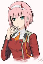 Rule 34 | 10s, 1girl, alternate hair length, alternate hairstyle, aqua eyes, bad id, bad pixiv id, breasts, commentary request, darling in the franxx, hairband, highres, horns, hoshizaki reita, medium breasts, orange neckwear, pilot suit, pink hair, short hair, simple background, solo, uniform, white hairband, zero two (darling in the franxx)