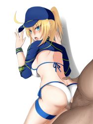 Rule 34 | 1boy, 1girl, against wall, ahoge, artoria pendragon (fate), bent over, bikini, blonde hair, blue eyes, blue jacket, blur censor, breasts, censored, clothed female nude male, fat, fat man, fate/grand order, fate (series), half-shirt, hat, hetero, highres, jacket, kurokobokujo, large breasts, looking back, mysterious heroine x (fate), mysterious heroine xx (fate), nude, open mouth, sex, sex from behind, standing, standing sex, string bikini, swimsuit, thigh strap, torso grab, vaginal, white background, white bikini, wristband