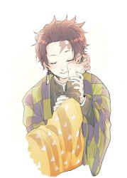 Rule 34 | 2boys, agatsuma zenitsu, brown hair, checkered haori, checkered sash, earrings, closed eyes, hanafuda, hand on another&#039;s cheek, hand on another&#039;s face, haori, highres, holding another&#039;s wrist, japanese clothes, jewelry, kamado tanjirou, kimetsu no yaiba, male focus, multiple boys, scar, scar on face, scar on forehead, simple background, smile, solo focus, tanuki happa, triangle print
