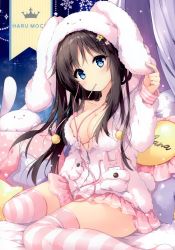 Rule 34 | 1girl, absurdres, animal ears, animal hood, black hair, blue eyes, blush, breasts, cellphone, cleavage, earphones, fake animal ears, food, food in mouth, fur jacket, hair ornament, hairclip, highres, hood, indoors, jacket, long sleeves, looking at viewer, medium breasts, miniskirt, mochizuki shiina, mouth hold, original, phone, pillow, pink skirt, pocky, pom pom (clothes), rabbit ears, scan, shiny clothes, shiny skin, simple background, sitting, skirt, solo, striped clothes, striped thighhighs, stuffed animal, stuffed toy, thighhighs, thighs, wire, zipper, zipper pull tab
