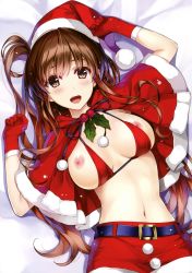 Rule 34 | 1girl, :d, absurdres, bikini, bikini top only, blush, breasts, breasts apart, brown eyes, brown hair, capelet, christmas, cowboy shot, from above, gloves, hat, highres, large breasts, long hair, looking at viewer, looking up, lying, misaki kurehito, navel, nipple slip, nipples, on back, one side up, open mouth, red bikini, red gloves, red shorts, santa costume, santa hat, scan, shorts, skirt, smile, solo, stomach, swimsuit