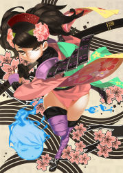 Rule 34 | 1girl, 92m, armor, black hair, brown eyes, cherry blossoms, comb, flower, gauntlets, hair flower, hair ornament, hitodama, holding, holding sword, holding weapon, japanese armor, japanese clothes, katana, looking at viewer, momohime, momohime (hitodama), oboro muramasa, purple thighhighs, sheath, shoulder armor, sode, solo, sword, thighhighs, unsheathing, weapon