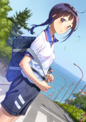 Rule 34 | 1girl, ahoge, artist name, bag, black shorts, blue sky, blush, braid, breasts, brown eyes, brown hair, collared shirt, commentary request, cowboy shot, crosswalk, day, duffel bag, dutch angle, from side, gym uniform, highres, lamppost, light smile, long hair, looking at viewer, looking to the side, nose blush, ocean, original, outdoors, pairan, parted lips, road, shirt, short sleeves, shorts, sidelocks, single braid, sky, small breasts, solo, street, town, tree