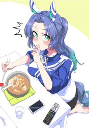 Rule 34 | 1girl, absurdres, alternate costume, animal ears, aqua eyes, barefoot, blue eyes, blue hair, breasts, cellphone, closed mouth, commentary request, cup, drinking glass, ear covers, food, godolphin barb (umamusume), highres, horse ears, horse girl, horse tail, looking at viewer, medium breasts, nerukichikatafukuma, noodles, phone, seiza, simple background, sitting, solo, sweat, nervous sweating, table, tail, umamusume