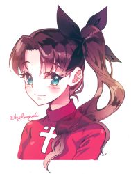 Rule 34 | 1girl, alternate hairstyle, blue eyes, brown hair, byulrorqual, fate/stay night, fate (series), hair ribbon, long hair, ribbon, shirt, side ponytail, simple background, smile, solo, tohsaka rin, twitter username, upper body, white background