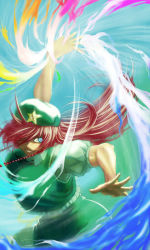 Rule 34 | 1girl, blue eyes, braid, breasts, chinese clothes, fighting stance, grin, hair over one eye, hat, hong meiling, koyubi (littlefinger1988), large breasts, long hair, powering up, puffy short sleeves, puffy sleeves, red hair, short sleeves, side braids, smile, solo, star (symbol), touhou, twin braids