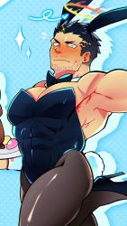 Rule 34 | 1boy, alternate costume, animal ears, armpits, bara, black bodysuit, blush, bodysuit, bow, bowtie, rabbit ears, rabbit tail, convenient leg, covered abs, covered navel, crossdressing, detached collar, facial hair, fake animal ears, halo, happy easter, highres, large pectorals, latex, latex legwear, leotard, lisuchi, looking at viewer, pectoral cleavage, male focus, male playboy bunny, mature male, muscular, muscular male, pantyhose, pectorals, short hair, sideburns, skin tight, solo, strapless, strapless leotard, stubble, tail, thick thighs, thighs, tokyo houkago summoners, wrist cuffs, zabaniyya (housamo)