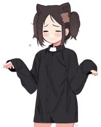 Rule 34 | 1girl, animal ears, bear hair ornament, black shirt, blush, bottomless, brown hair, closed eyes, closed mouth, dress shirt, hair ornament, heart, lisa (faeuna), long sleeves, naked shirt, original, shirt, short twintails, signature, simple background, sleeves past wrists, solo, twintails, wavy mouth, white background