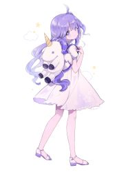 Rule 34 | ahoge, animal bag, azur lane, backpack, bag, blush, captain yue, closed mouth, cloud, commentary request, dress, full body, hair bun, head tilt, highres, long hair, looking at viewer, looking to the side, puffy short sleeves, puffy sleeves, purple eyes, purple footwear, purple hair, sandals, short dress, short sleeves, side bun, simple background, single hair bun, single side bun, smile, solo, standing, star (symbol), unicorn (azur lane), very long hair, white background, white dress