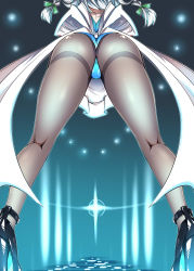 Rule 34 | 1girl, absurdres, apron, ass, black pantyhose, blue leotard, bow, braid, fine fabric emphasis, foreshortening, from behind, from below, high heels, highres, izayoi sakuya, kneepits, legs, leotard, long hair, looking through own legs, lower body, maid, pantyhose, ribbon, silver hair, solo, standing, strappy heels, tajima yuuki, thighband pantyhose, touhou, view between legs, white apron, white bow