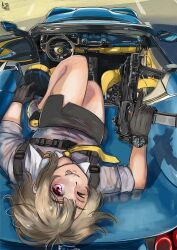 Rule 34 | :p, black gloves, brown hair, car, collared shirt, convertible, ferrari, gloves, gun, h&amp;k mp7, heckler &amp; koch, highres, holding, holding gun, holding weapon, looking at viewer, losslessarts, love live!, love live! nijigasaki high school idol club, lying, magazine (weapon), miniskirt, motor vehicle, nakasu kasumi, necktie, nike (company), one eye closed, optical sight, red eyes, shirt, shoes, short hair, short sleeves, skirt, sneakers, steering wheel, strap, submachine gun, tactical clothes, tongue, tongue out, watch, weapon, white shirt, wristwatch