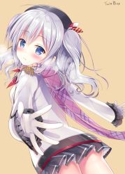 Rule 34 | 10s, 1girl, artist name, beret, black skirt, blue eyes, blush, breath, commentary request, epaulettes, frilled sleeves, frills, from behind, gloves, hat, highres, kantai collection, kashima (kancolle), kerchief, long hair, long sleeves, looking at viewer, looking back, military, military uniform, miniskirt, pleated skirt, scarf, sidelocks, silver hair, simple background, skirt, smile, solo, sousouman, standing, tsurime, twintails, uniform, wavy hair, white gloves