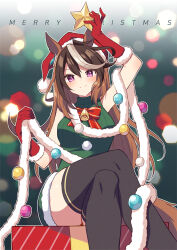 Rule 34 | 1girl, alternate costume, animal ears, bell, black thighhighs, bow, bowtie, brown hair, crossed legs, dress, earrings, feet out of frame, fur-trimmed gloves, fur trim, gloves, green dress, hat, holding, holding star, horse ears, horse girl, jewelry, jingle bell, long hair, looking at viewer, mauve, multicolored hair, purple eyes, red bow, red bowtie, red gloves, ribbed dress, santa hat, sitting, sleeveless, sleeveless dress, smile, solo, star (symbol), streaked hair, symboli rudolf (umamusume), thighhighs, two-tone hair, umamusume, white hair