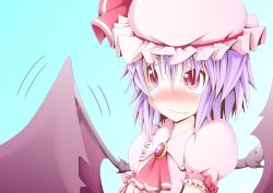 Rule 34 | 1girl, ascot, bat wings, blush, brooch, dress, embarrassed, fang, fang out, hat, jewelry, light purple hair, looking away, mob cap, pink dress, puffy short sleeves, puffy sleeves, red eyes, remilia scarlet, short hair, short sleeves, solo focus, tad s, tears, touhou, wings