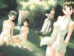 Rule 34 | 4girls, barefoot, dress, forest, glasses, iuro, multiple girls, nature, off shoulder, panties, pasties, strapless, tube top, twintails, underwear, water, waterfall, white panties