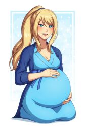 Rule 34 | 1girl, adricarra, big belly, blonde hair, blue eyes, blue robe, blue sweater, hand on own stomach, highres, kneeling, looking at viewer, metroid, nintendo, open mouth, ponytail, pregnant, robe, rubbing belly, samus aran, smile, sweater