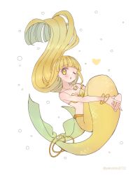Rule 34 | +1 (yakusoku0722), 1girl, anklet, armlet, blonde hair, blunt bangs, coco (mermaid melody pichi pichi pitch), earrings, floating, floating hair, highres, jewelry, knees to chest, long hair, mermaid, mermaid melody pichi pichi pitch, monster girl, necklace, one eye closed, pendant, scales, shell, shell bikini, shell necklace, yellow eyes