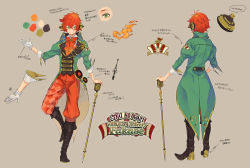 Rule 34 | 1boy, absurdres, boots, brooch, character name, character sheet, coattails, copyright name, dearrose, facial mark, fukase, gloves, green eyes, headgear, highres, jewelry, marking on cheek, microphone, mito itsuki, multiple views, original, red hair, simple background, smile, speaker, staff, tailcoat, turnaround, vocaloid, white gloves