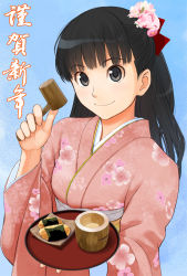 Rule 34 | 1girl, amagami, ayatsuji tsukasa, black eyes, black hair, food, japanese clothes, kimono, long hair, new year, senbei, solo, takayama kisai