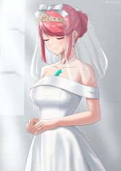 Rule 34 | 1girl, absurdres, breasts, bridal veil, bride, chest jewel, dress, frills, highres, large breasts, pyra (xenoblade), red hair, ryochan96154, short hair, solo, swept bangs, veil, wedding dress, white dress, xenoblade chronicles (series), xenoblade chronicles 2