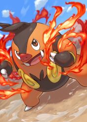 Rule 34 | brown eyes, claws, cloud, commentary request, creatures (company), day, fire, game freak, gen 5 pokemon, legs apart, nintendo, open mouth, outdoors, pignite, pokemon, pokemon (creature), sky, solo, standing, tominakami, tongue, tusks
