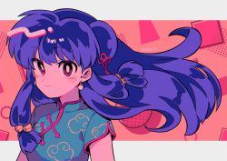 Rule 34 | bell, blush stickers, chinese clothes, circle, hair bell, hair ornament, highres, looking at viewer, menma (enaic31), purple hair, ranma 1/2, red eyes, shampoo (ranma 1/2), smile, solo, square, triangle, twitter username