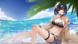 Rule 34 | 1girl, absurdres, bare legs, bare shoulders, barefoot, beach, bikini, black bikini, black choker, black hair, blue eyes, blue hair, blue sky, blunt bangs, bob cut, bracelet, breasts, choker, cleavage, cloud, commentary request, criss-cross halter, day, eyewear on head, foot out of frame, genera-x, genshin impact, grey jacket, halterneck, highres, jacket, jewelry, large breasts, long sleeves, looking at viewer, mole, mole on breast, multicolored hair, navel, ocean, off shoulder, open clothes, open jacket, outdoors, short hair, sitting, sky, smile, solo, stomach, sunglasses, swimsuit, thigh strap, thighs, water, yelan (genshin impact)