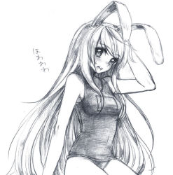 Rule 34 | 1girl, animal ears, arm behind head, bare shoulders, blush, rabbit ears, female focus, graphite (medium), greyscale, long hair, looking at viewer, monochrome, one-piece swimsuit, reisen udongein inaba, school swimsuit, sitting, sketch, solo, sweatdrop, swimsuit, touhou, traditional media, usa (artist), usaki (ama)