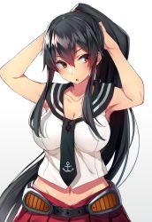 Rule 34 | 10s, 1girl, adjusting hair, black hair, blush, breasts, cleavage, female focus, groin, highres, kantai collection, large breasts, long hair, midriff, navel, open mouth, ponytail, red eyes, school uniform, serafuku, solo, soukou makura, very long hair, white background, yahagi (kancolle)