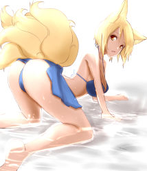 Rule 34 | 1girl, all fours, animal ears, ass, bent over, bikini, blonde hair, blue bikini, dearmybrothers, female focus, fox ears, fox tail, from behind, highres, looking back, multiple tails, sarong, solo, swimsuit, tail, touhou, water, wet, yakumo ran, yellow eyes