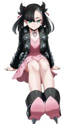 Rule 34 | 1girl, ankle boots, arm support, asymmetrical bangs, black choker, black footwear, black hair, black jacket, black nails, boots, choker, closed mouth, commentary request, creatures (company), dress, earrings, full body, game freak, green eyes, hair ribbon, highres, invisible chair, jacket, jewelry, knees, looking down, mandei (nao 1234567), marnie (pokemon), nail polish, nintendo, open clothes, open jacket, pink dress, pokemon, pokemon swsh, red ribbon, ribbon, simple background, sitting, smile, solo, white background