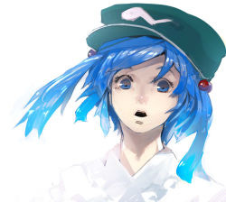 Rule 34 | 1girl, blue eyes, blue hair, green hat, hair bobbles, hair ornament, hat, kawashiro nitori, matching hair/eyes, open mouth, portrait, short hair, solo, surprised, tlman, touhou, twintails, two side up, white background