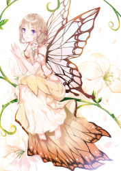 Rule 34 | 1girl, bad id, bad pixiv id, bare shoulders, barefoot, brown hair, butterfly wings, dress, emyo, fingers together, flower, hair flower, hair ornament, highres, insect wings, long hair, purple eyes, smile, solo, wings