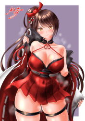 Rule 34 | &gt;:), 1girl, azur lane, bare shoulders, blush, breasts, brown hair, cleavage, collarbone, commentary request, covered navel, dated, dress, hair ribbon, kasugano tobari, large breasts, long hair, looking at viewer, open clothes, ponytail, purple background, red dress, red ribbon, ribbon, ribbon trim, short dress, signature, skindentation, smile, solo, steaming body, strap gap, sweat, swept bangs, thick thighs, thigh strap, thighs, undressing, v-shaped eyebrows, very long hair, yellow eyes, zuikaku (azur lane)