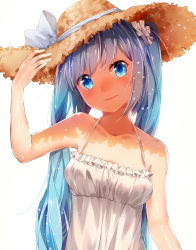Rule 34 | 1girl, absurdres, bare shoulders, blue eyes, blue hair, collarbone, dress, hair ornament, hair scrunchie, hand on headwear, hat, hat ribbon, hatsune miku, head tilt, highres, illian-san, lips, long hair, looking at viewer, matching hair/eyes, ribbon, scrunchie, simple background, sleeveless, sleeveless dress, smile, solo, straw hat, sun hat, sundress, twintails, upper body, vocaloid, white background, white dress, white ribbon