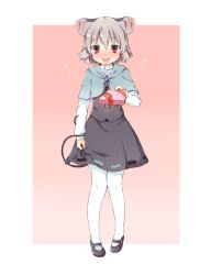 Rule 34 | 1girl, akagashi hagane, animal ears, blush, box, capelet, embarrassed, full body, gift, gift box, gradient background, grey hair, jewelry, long sleeves, mary janes, mouse ears, mouse tail, nazrin, open mouth, pantyhose, pink background, red eyes, shirt, shoes, short hair, simple background, skirt, skirt hold, skirt set, smile, solo, sweatdrop, tail, touhou, valentine, vest, white pantyhose